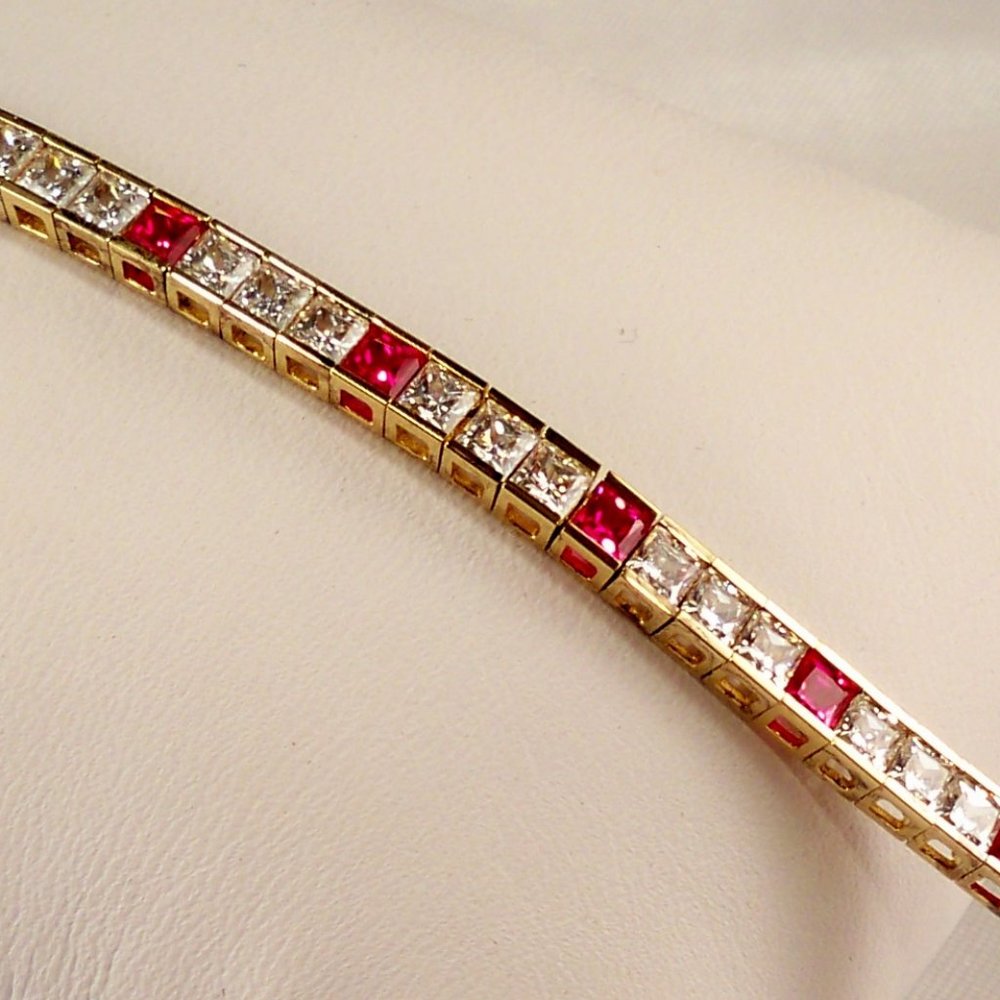 NEW Red Princess Cut Cubic Zirconias Gold Designer Bracelet